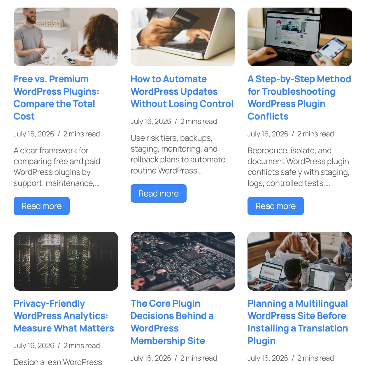 Vova’s Post Grids showing a three-column grid of WordPress posts